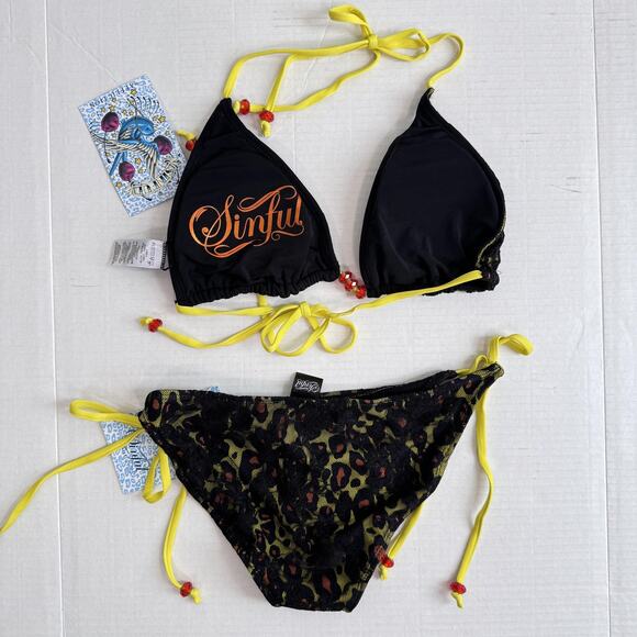 Sinful Affliction Y2K Bikini Womens Small Lace Leopard Triangle Two Piece NEW - Picture 3 of 9